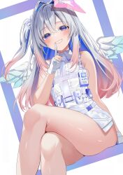1girl :d absurdres amane_kanata amane_kanata_(heavenly_guard_mission) angel_wings bare_arms belt_pouch blue_hair blue_wings chest_harness collared_dress colored_inner_hair commentary_request crossed_bangs crossed_legs double-parted_bangs dress feathered_wings gloves gradient_hair gradient_wings grey_hair grin halo hand_up harness highres hololive index_finger_raised long_hair looking_at_viewer mini_wings multicolored_hair multicolored_wings necktie official_alternate_costume official_alternate_hairstyle one_side_up open_mouth partially_fingerless_gloves pink_hair pouch purple_eyes short_dress side_slit sidelocks sitting sleeveless sleeveless_dress smile solo star_halo streaked_hair uekana9 virtual_youtuber walkie-talkie white_dress white_gloves white_necktie white_wings wings