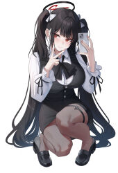 1girl absurdres alternate_costume alternate_hairstyle bakoko black_bow black_bowtie black_hair black_halo black_ribbon black_shoes black_skirt black_vest blue_archive blunt_bangs blush bow bowtie breasts bright_pupils cellphone collared_shirt full_body hair_bow halo hashtag-only_commentary highres holding holding_phone large_breasts loafers long_hair long_sleeves looking_to_the_side nail_polish pantyhose phone red_eyes ribbon rio_(blue_archive) shirt shoes simple_background skirt smartphone solo squatting thigh_strap thighs twintails v very_long_hair vest white_background white_bow white_pupils white_shirt