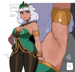 armpit_crease armpits bracelet breasts cleavage coconuts_(artist) dark-skinned_female dark_skin disgust english_text eyeshadow jewelry large_breasts league_of_legends makeup qiyana_(league_of_legends) short_hair thick_thighs thighs tiara translated white_hair