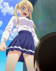 1boy 1girl angry anime_screenshot black_hair blonde_hair blue_skirt blush breasts cloud cloudy_sky dot_nose fangs female_focus fisting green_eyes highres hoshizaki_rika_(kanojo_mo_kanojo) kanojo_mo_kanojo large_breasts legs long_hair long_sleeves looking_down miniskirt mukai_naoya open_mouth outdoors pleated_skirt school_uniform shirt shirt_tucked_in short_hair skirt sky tears teeth thighs_focus things twintails upper_teeth_only upskirt white_shirt