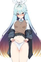 Rule 34 | 1girl, absurdres, artist request, black jacket, black skirt, blonde hair, blue eyes, blue hair, blue panties, blue ribbon, blush, brown sweater vest, clothes lift, collared shirt, commission, cowboy shot, gradient hair, grin, hair between eyes, hairband, highres, holding, holding panties, holding underwear, holding unworn clothes, jacket, long hair, long sleeves, looking at viewer, multicolored hair, navel, neck ribbon, original, panties, purple hair, ribbon, second-party source, shirt, simple background, skirt, skirt lift, smile, solo, star-shaped pupils, star (symbol), striped clothes, striped panties, sweater vest, symbol-shaped pupils, underwear, very long hair, white background, white hairband, white panties, white shirt