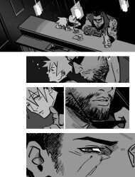 Rule 34 | 2boys, arm tattoo, armor, bar (place), barret wallace, beard, black hair, blonde hair, blush, border, bottle, chest hair, cloud strife, dark-skinned male, dark skin, drunk, earrings, facial hair, facial scar, final fantasy, final fantasy vii, glass, greyscale, highres, holding, holding bottle, indoors, j.r. doyle, jewelry, looking at another, male focus, monochrome, multiple boys, muscular, muscular male, parted lips, pauldrons, prosthetic weapon, removing eyewear, scar, scar on cheek, scar on face, short hair, shoulder armor, single earring, single pauldron, spiked hair, sunglasses, tattoo, torn clothes, torn sleeves, unworn eyewear, very short hair, vest, white border, yaoi