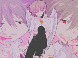3boys absurdres angel_wings belt black_pants character_background closed_mouth collared_shirt fishcoooo hair_between_eyes highres male_focus multiple_boys multiple_persona multiple_views nagisa_kaworu neon_genesis_evangelion one_eye_closed pants rebuild_of_evangelion red_eyes shirt white_shirt wings