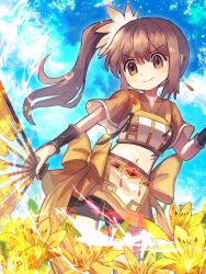 1girl brown_eyes brown_hair field flower flower_field hand_fan highres long_hair magia_record:_mahou_shoujo_madoka_magica_gaiden mahou_shoujo_madoka_magica navel pink_flower plusplushm short_sleeves side_ponytail solo yellow_flower yui_tsuruno