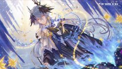 Rule 34 | 1boy, arknights, backlighting, black coat, black gloves, blue vest, chinese commentary, coat, commentary request, dutch angle, gloves, grey hair, head wings, hidelo, highres, horns, jewelry, logos (arknights), logos (radiant serenity) (arknights), long sleeves, looking at viewer, magic, male focus, multiple rings, outstretched hand, pointy ears, ponytail, reaching, reaching towards viewer, red eyes, ring, sidelocks, smile, solo, sparkle, stalactite, vest, water drop, watermark, wings