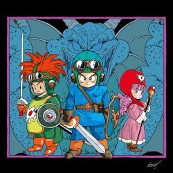 1girl 3boys asymmetrical_dual_wielding aviator_cap belt_buckle black_border black_eyes blue_bodysuit blue_eyes blue_hat blue_tunic bodysuit boots border brown_gloves brown_shoes buckle chibi commentary_request cousins curly_hair derivative_work dragon dragon_quest dragon_quest_ii dual_wielding erdrick&#039;s_shield fins frown gem gloves goggles goggles_on_headwear green_bodysuit green_tabard hat head_fins highres holding holding_shield holding_staff holding_sword holding_weapon horns long_hair looking_at_viewer looking_to_the_side mage_staff multiple_boys open_mouth orange_boots orange_gloves orange_hair pink_robe prince_of_lorasia prince_of_samantoria princess_of_moonbrook purple_border purple_eyes purple_hair red_gemstone red_hood robe roto&#039;s_emblem scales sharp_teeth shield shoes short_hair sidoh signature spiked_hair staff sword tabard tcgf_04 teeth toriyama_akira_(style) tunic video_game_cover_redraw weapon white_trim
