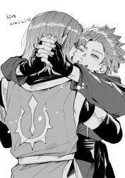 2boys arms_around_neck arms_around_waist camus_(dq11) commentary_request cosplay couple dragon_quest dragon_quest_xi fingerless_gloves gloves greyscale grin heart hero_(dq11) highres hug interlocked_fingers kiss kissing_cheek male_focus medium_hair monochrome multiple_boys official_alternate_costume one_eye_closed parted_hair roche_(dq11) roche_(dq11)_(cosplay) sash short_hair smile spiked_hair tabard translation_request tunic upper_body user_muvx7483 yaoi