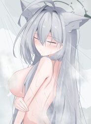 1girl absurdres animal_ear_fluff blue_archive blush breasts closed_eyes completely_nude extra_ears grey_hair hair_between_eyes highres kote_(kote_arcive) large_breasts long_hair nipples nude shiroko_(blue_archive) shiroko_terror_(blue_archive) showering sidelocks solo tail upper_body wolf_girl wolf_tail