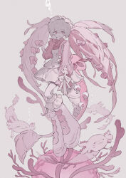 1girl absurdres axolotl boots bow commentary coral dress full_body hair_bow hand_up highres knee_boots lankilanki long_hair long_sleeves looking_at_viewer original pink_theme ribbon short_dress solo