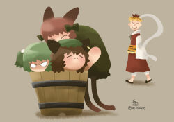 4girls :3 angry animal_ears black_eyes brown_hair bucket cat_ears cat_girl cat_tail chen closed_eyes closed_mouth commentary_request dress earrings feral_instincts full_body green_dress grey_background hagoromo hair_bobbles hair_ornament in_bucket in_container jewelry kaenbyou_rin kisume multiple_girls multiple_tails no_lineart onikobe_rin orange_hair red_hair red_skirt red_vest shawl shirt short_hair simple_background single_earring skirt smile tail toramaru_shou touhou two_tails vest white_shirt wooden_bucket