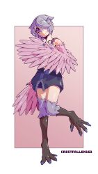 artist_name bandaid bandaid_on_face bandaid_on_nose bird_legs blue_eyes claws commentary crestfallen163 feathered_wings feathers grey_hair hair_over_one_eye harpy highres hololive koseki_bijou looking_at_viewer monster_girl monsterification pink_background pink_feathers pink_wings short_hair smile standing standing_on_one_leg talons two-tone_background virtual_youtuber white_background winged_arms wings