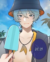 Rule 34 | 1boy, 1girl, bakuuhatsu, belle (zenless zone zero), brother and sister, english text, fish hat, food, grey hair, grin, hair between eyes, hat, highres, holding, holding food, holding popsicle, official alternate costume, out of frame, popsicle, short hair, siblings, smile, speech bubble, wise (peaceful waves) (zenless zone zero), wise (zenless zone zero), zenless zone zero