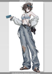 1girl absurdres alternate_costume bag belt bikini black_belt breasts brown_hair cellphone denim eyewear_on_head full_body handbag headphones highres holding holding_phone jacket jeans looking_at_viewer medium_breasts meiko_(vocaloid) off_shoulder one_eye_closed open_clothes open_jacket pants phone sandals short_hair smartphone solo standing striped_bikini striped_clothes sunglasses swimsuit torn_clothes torn_pants unworn_headphones vocaloid wawasuke white_jacket