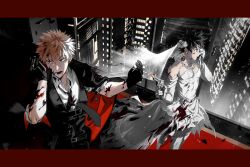 2boys alternate_costume bakugou_katsuki belt belt_pouch black_belt black_gloves black_necktie black_pants black_vest blonde_hair blood blood_on_body blood_on_clothes blood_splatter boku_no_hero_academia bridal_veil building buttons chest_belt cigarette city closed_mouth collared_shirt commentary covered_abs crossdressing dress earrings elbow_gloves fire flower gloves green_eyes green_hair gun handgun highres holding holding_cigarette holding_gun holding_phone holding_weapon homare04271 jacket jacket_on_shoulders jewelry letterboxed looking_ahead looking_to_the_side lower_teeth_only male_focus midoriya_izuku multiple_belts multiple_boys necklace necktie on_rooftop open_collar open_mouth pants pearl_necklace phone pouch shirt short_hair sideways_glance skyscraper smoke spiked_hair standing stud_earrings teeth torn_clothes two-sided_fabric two-sided_jacket veil vest weapon wedding_dress white_flower white_gloves white_shirt wing_collar wiping_face