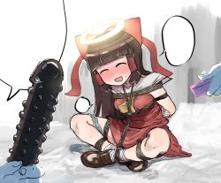 1girl :d ascot bdsm blank_speech_bubble blue_panties blunt_bangs blush bondage bound bow brown_footwear brown_hair closed_eyes commentary_request cookie_(touhou) dildo disembodied_hand full-face_blush full_body haburashi hair_bow hair_tubes hakurei_reimu halo loafers long_hair nontraditional_miko open_mouth panties panties_around_leg red_bow red_shirt red_skirt rope sex_toy shibari shibari_over_clothes shirt shoes sitting skirt sleeveless sleeveless_shirt smile socks solo_focus speech_bubble spiked_dildo sweat textless_version touhou underwear vibrator white_socks yamasaka_aimi yellow_ascot