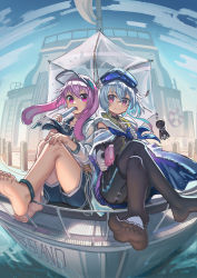 2boys absurdres animal_ears ansel_(arknights) ansel_(casual_vacation)_(arknights) arknights beret black_leggings black_pantyhose blue_hair blue_shorts blue_sky boat closed_mouth crossed_legs food full_body gloves hat highres holding holding_food holding_umbrella jacket leggings long_sleeves looking_at_viewer lop_rabbit_ears mizuki_(arknights) multiple_boys no_shoes open_mouth outdoors pantyhose pink_eyes pink_hair popsicle rabbit_boy rabbit_ears sailor_collar see-through_clothes short_hair shorts sitting sky smile soles toes trap umbrella visor water watercraft whinghope white_gloves white_jacket