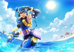 1girl absurdres alternate_costume animification ball beach beachball black_gloves black_hat black_wetsuit blonde_hair blue_hair bodysuit brimstone_(valorant) brown_eyes cloud commentary cypher_(valorant) dark-skinned_female dark_skin diving_suit elbow_gloves english_commentary gloves hat highres holding holding_water_gun kay/o_(valorant) looking_at_viewer multicolored_hair neon_(valorant) ocean omen_(valorant) parted_lips people phoenix_(valorant) raze_(valorant) ritskyz sage_(valorant) sky solo streaked_hair two_side_up umbrella valorant water water_gun wetsuit yoru_(valorant)