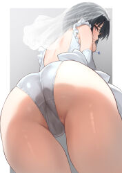 1girl amagami ass ass_focus black_hair bridal_veil brown_hair commentary_request dress elbow_gloves embarrassed from_behind from_below gloves highres jewelry looking_at_viewer looking_back nanasaki_ai necklace open_mouth partially_visible_vulva serizawa_(serizawaroom) short_hair simple_background sleeveless sleeveless_dress solo veil wedding_dress white_dress white_gloves
