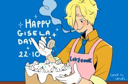 1boy apron blue_background blue_necktie blush cake cesel collared_shirt commentary curly_eyebrows dated facial_hair food gloves goatee male_focus mustache necktie one_piece pink_apron sanji_(one_piece) shirt simple_background smoke solo sparkle upper_body white_gloves yellow_shirt