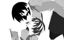 Rule 34 | bakemonogatari, bent back, black outline, greyscale, hanekawa tsubasa, looking at another, looking down, looking up, medium hair, monochrome, monogatari (series), naoetsu high school uniform, open mouth, oshino ougi, outline, pleated skirt, school uniform, skirt, smirk, sonnambulo777, white background