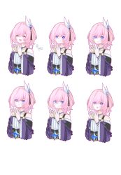Rule 34 | 1girl, :d, ^ ^, absurdres, bare shoulders, blue eyes, chinese commentary, closed eyes, commentary request, cyrene (honkai: star rail), dress, hair ribbon, highres, honkai: star rail, honkai (series), jewelry, long sleeves, multiple expressions, multiple views, necklace, off-shoulder dress, off shoulder, open mouth, own hands together, peixia, pink hair, purple dress, ribbon, simple background, smile, steepled fingers, two-tone dress, white background, white dress, white ribbon