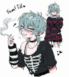 1girl absurdres alien_stage black_shirt black_shorts black_sweater bra_strap character_name cigarette cross cross_necklace ear_piercing earrings genderswap genderswap_(mtf) green_eyes grey_hair heart highres holding holding_cigarette jewelry lip_piercing medium_hair middle_finger multiple_views necklace piercing purple_sweater shinumeru shirt short_shorts shorts single_off_shoulder skeleton_print sleeves_past_wrists smile smoke striped_clothes striped_sweater sweater till_(alien_stage) two-tone_sweater wolf_cut