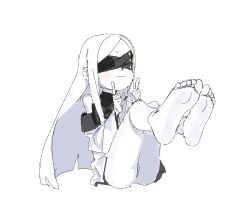 1girl ass blindfold blue_archive bottomless colored_skin covered_eyes feet long_hair min645251026530 ohr_(blue_archive) parted_bangs pointing simple_background sketch white_background white_skin yellow_eyes