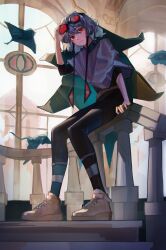 Rule 34 | absurdres, cape, capelet, dethmaid, full body, goggles, goggles on head, highres, looking at viewer, on railing, original, railing, red eyes, shadow, sitting, stairs, sunlight, two-sided cape, two-sided fabric, white hair, window
