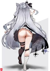 1girl absurdres ass asymmetrical_legwear cone_hair_bun from_behind grey_hair hair_bun highres hololive hololive_indonesia johnny_(braun-kan_cafe) long_hair no_panties no_shoes socks solo vestia_zeta virtual_youtuber