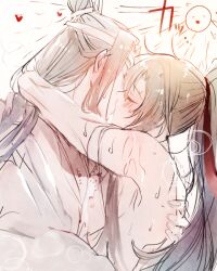 2boys anal black_hair blush brown_hair chinese_clothes closed_eyes couple hair_ribbon hanfu headband heart high_ponytail hot hug kiss lan_wangji long_hair male_focus modao_zushi multiple_boys nipples nude ponytail rakkyhappy red_ribbon ribbon sex sweat topknot upper_body wei_wuxian wet white_hanfu white_headband yaoi