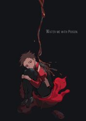 1boy absurdres ace_attorney bad_id bad_pixiv_id black_pants black_shoes black_vest brown_hair catuoon diego_armando ear_piercing flower highres pants phoenix_wright:_ace_attorney_-_trials_and_tribulations piercing red_eyes red_flower red_rose red_shirt rose shirt shoes sitting solo vest