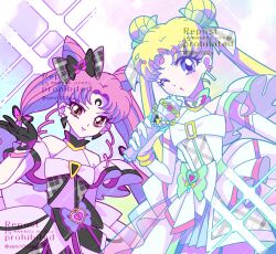 2girls alternate_costume bare_shoulders bishoujo_senshi_sailor_moon bishoujo_senshi_sailor_moon_r black_dress black_lady_(sailor_moon) black_moon_clan blonde_hair blue_eyes bow brooch chibi_usa cone_hair_bun crescent crescent_facial_mark crystal_earrings double_bun dress earrings facial_mark flower forehead_mark hair_bow hair_bun hair_ornament jewelry long_hair looking_at_viewer multiple_girls one_eye_closed pink_dress pink_hair princess_serenity red_eyes senri_bunny smile tsukino_usagi twintails very_long_hair white_dress wing_brooch