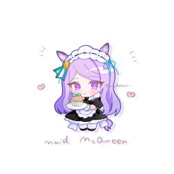 1girl animal_ears black_dress black_shoes blush character_name chibi closed_mouth commentary_request dress food food_request heart highres holding holding_plate horse_ears horse_girl horse_tail looking_at_viewer maid mejiro_mcqueen_(umamusume) moko_(mokochisa) plate puffy_short_sleeves puffy_sleeves purple_eyes purple_hair shoes short_sleeves simple_background smile solo standing swept_bangs tail thighhighs twitter_username umamusume white_background white_thighhighs