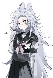 1girl ac_warlock animal_ears aotsuki_eito arm_up armband black_serafuku black_skirt bow eyeliner genderswap genderswap_(mtf) glasses gloves highres hole_in_chest hole_on_body kemonomimi_mode last_defense_academy_school_uniform looking_at_viewer makeup pink_bow purple_eyes red_eyeliner school_uniform serafuku simple_background skirt solo the_hundred_line_-last_defense_academy- white_armband white_gloves