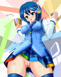 1girl 7-tan artist_request blue_hair blue_thighhighs breasts cleft_of_venus cowboy_shot from_below madobe_nanami microsoft_windows no_panties non-web_source os-tan pussy source_request thighhighs uncensored