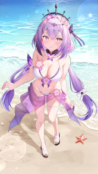 1girl absurdres bare_shoulders beach bikini blush breasts bright_pupils castorice_(honkai:_star_rail) cleavage closed_mouth crossed_bangs full_body hair_ornament highres honkai:_star_rail honkai_(series) large_breasts long_hair looking_at_viewer ocean pointy_ears purple_eyes purple_hair sandals skindentation smile sob_(submar1089) solo standing starfish swimsuit thigh_strap thighs toes twintails water white_bikini white_pupils