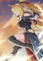 1girl black_boots black_thighhighs boots breasts cloud cynthia_(pokemon) cynthia_(sygna_suit)_(aura)_(pokemon) eyes_visible_through_hair facing_to_the_side from_side fur_trim gloves gradient_sky grey_eyes high_ponytail highres large_breasts looking_ahead negaska nintendo official_alternate_costume open_mouth pokemon pokemon_masters_ex ponytail red_gloves short_shorts shorts sky solo sunset textless_version thigh_boots thighhighs