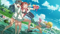 3girls backpack bag bikini blonde_hair blue_eyes bottle braid breasts bridge building bush can cleavage cloud food fruit fujita_kotone gakuen_idolmaster game_cg grass green_eyes green_hair hanami_saki handbag high_heel_sandals highres holding idolmaster jacket lamppost multiple_girls navel official_art one_eye_closed open_mouth red_hair restrained sandals splashing stairs sunglasses_removed swimsuit toes tsukimura_temari twintails water water_gun watermelon yellow_eyes zipper