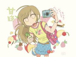 Rule 34 | 1girl, ahoge, apple, bag, brown hair, candy, cellphone, cherry, earrings, food, food print, fruit, fruit print, grapes, handheld game console, highres, jewelry, keemyurii, long hair, open mouth, original, phone, polka dot, polka dot skirt, shirt, skirt, solo, star (symbol), strawberry, strawberry print, tomato, watermelon