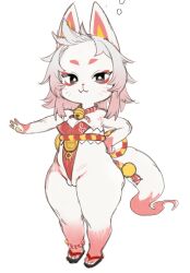 1girl animal_ears animal_nose body_fur borrowed_character breasts cameltoe chibi chinese_clothes deformed fox_ears fox_girl fox_tail furry furry_female highres japanese_clothes jianpan_xiafang_de_da_kongge messy_hair multicolored_fur original pawpads pink_fur pink_hair pussy shortstack simple_background small_breasts tail white_background white_fur white_hair wide_hips