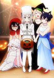 5girls :d absurdres ahoge alternate_costume alternate_hairstyle animal_ears arsene_lupin ayane_(blue_archive) bandages bare_shoulders basket black_dress black_hair blue_archive blue_eyes brown_eyes brown_hair candy cat_ears cat_girl collarbone commentary cosplay crossed_arms dragging dress english_commentary food full_body glasses grey_hair hair_between_eyes hair_bun hair_ornament halloween hat highres holding holding_basket hoshino_(blue_archive) jack-o&#039;-lantern jewelry little_red_riding_hood little_red_riding_hood_(grimm) little_red_riding_hood_(grimm)_(cosplay) long_hair long_sleeves looking_at_another looking_at_viewer mismatched_pupils monocle multiple_girls mummy_costume naked_bandage necklace nonomi_(blue_archive) open_mouth parted_bangs pearl_necklace pink_hair pointy_ears red_eyes serika_(blue_archive) shiroko_(blue_archive) short_hair sidelocks simple_background single_hair_bun sitting sleeveless smile snkagawa standing strapless strapless_dress top_hat wariza witch_hat wolf_ears wolf_girl