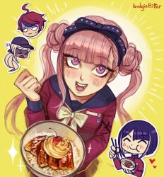 Rule 34 | ahoge, black bow, black hair, blonde hair, blush, bow, collarbone, custard, eating, eel, food, hair between eyes, happy, highres, kawana tsubasa, long hair, long sleeves, looking at viewer, multicolored hair, open mouth, pink eyes, pink hair, purple hair, red eyes, sumino takumi, teeth, the hundred line -last defense academy-, tongue, tsukumo ima, tsukumo kako, twintails, upper teeth only, yellow background