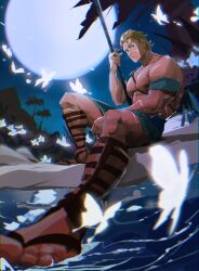 Rule 34 | 1boy, absurdres, bara, blonde hair, blue eyes, cross scar, facial scar, fire emblem, fire emblem: mystery of the emblem, fire emblem heroes, full moon, gladiator sandals, highres, holding, holding polearm, holding weapon, hoonzino, large pectorals, male focus, male swimwear, moon, muscular, muscular male, night, nintendo, nipples, official alternate costume, ogma (fire emblem), ogma (summer) (fire emblem), outdoors, pectorals, polearm, sandals, scar, scar on cheek, scar on face, short hair, solo, swim trunks, topless male, weapon