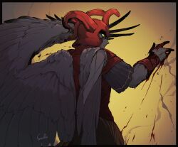 1boy angel angel_wings armor black_border black_feathers black_skin black_wings blood blood_on_armor blood_on_hands border bracer breastplate colored_skin cowboy_shot demon_(megami_tensei) feathered_wings feathers from_behind glowing glowing_eyes hand_up helmet highres looking_back outside_border power_(megami_tensei) red_armor shin_megami_tensei signature wings yellow_background yellow_eyes yklk_(sevvrue)