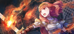 1girl armor black_gloves breastplate celica_(fire_emblem) choker earrings fingerless_gloves fire fire_emblem fire_emblem_echoes:_shadows_of_valentia gloves holding holding_sword holding_weapon jewelry long_hair magic nintendo open_mouth princess red_eyes red_hair solo sword tarayuki tiara weapon white_armor