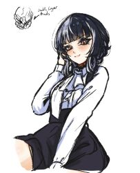 1girl alternate_costume arrow_(symbol) black_hair black_skirt english_text grey_hair hand_up hololive hololive_english light_blush multicolored_hair penguin_stamp shiori_novella shirt simple_background skirt solo split-color_hair two-tone_hair virtual_youtuber white_background white_shirt yellow_eyes