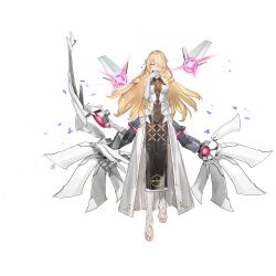 1girl angelus_(neural_cloud) artist_request bare_shoulders blonde_hair bow braid detached_sleeves drone full_body game_cg girls&#039;_frontline girls&#039;_frontline_neural_cloud glowing hair_over_one_eye hand_to_own_mouth highres holding holding_behind_back holding_weapon_behind_back official_art pelvic_curtain see-through_pelvic_curtain smile solo tachi-e third-party_source toeless_legwear transparent_background white_sleeves yellow_eyes