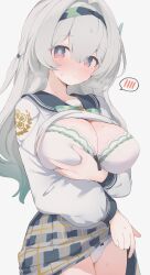 Rule 34 | 1girl, black hairband, black sailor collar, bow, bow panties, bra, breasts, cleavage, closed mouth, clothes lift, commentary, cowboy shot, firefly (honkai: star rail), gradient hair, grey hair, grey skirt, hairband, highres, hone kawa, honkai: star rail, honkai (series), huge breasts, large breasts, lifting own clothes, long hair, long sleeves, miniskirt, multicolored hair, panties, plaid clothes, plaid skirt, puffy long sleeves, puffy sleeves, red eyes, sailor collar, school uniform, serafuku, shirt, shirt lift, simple background, skirt, skirt lift, solo, speech bubble, spoken blush, sweat, underwear, white background, white bra, white panties, white shirt