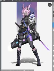 1girl alternate_costume animal_ears art_program_in_frame black_boots black_pants black_shirt boots breasts commentary fox_ears fox_girl fox_mask full_body hair_between_eyes hair_ornament hashtag-only_commentary highres holding holding_sword holding_weapon honkai_(series) honkai_impact_3rd katana knee_boots looking_at_viewer mask mask_on_shoulder medium_breasts mouth_mask pants pink_hair purple_eyes scabbard see-through_clothes see-through_mask sheath shirt short_hair solo sparks_summer sword unsheathed weapon yae_sakura