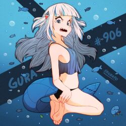 Rule 34 | 1girl, angry, bare shoulders, barefoot, black panties, blue eyes, blue hair, blunt bangs, breasts, bubble, chibi, crop top, crying, crying with eyes open, fins, fish, fish tail, gawr gura, hair ornament, hololive, hololive english, lego, lego brick, long hair, looking back, midriff, multicolored hair, no bra, open mouth, panties, shark girl, shark tail, sharp teeth, small breasts, solo, srgrafo, stepping on lego, streaked hair, tail, tears, teeth, two side up, underwear, virtual youtuber